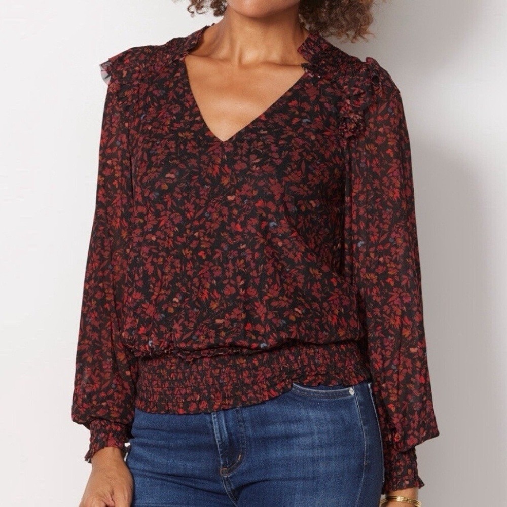 Evereve Koda V-Neck Smocked Mesh Blouse Top Balloon Sleeve Leaf Womens Small Red